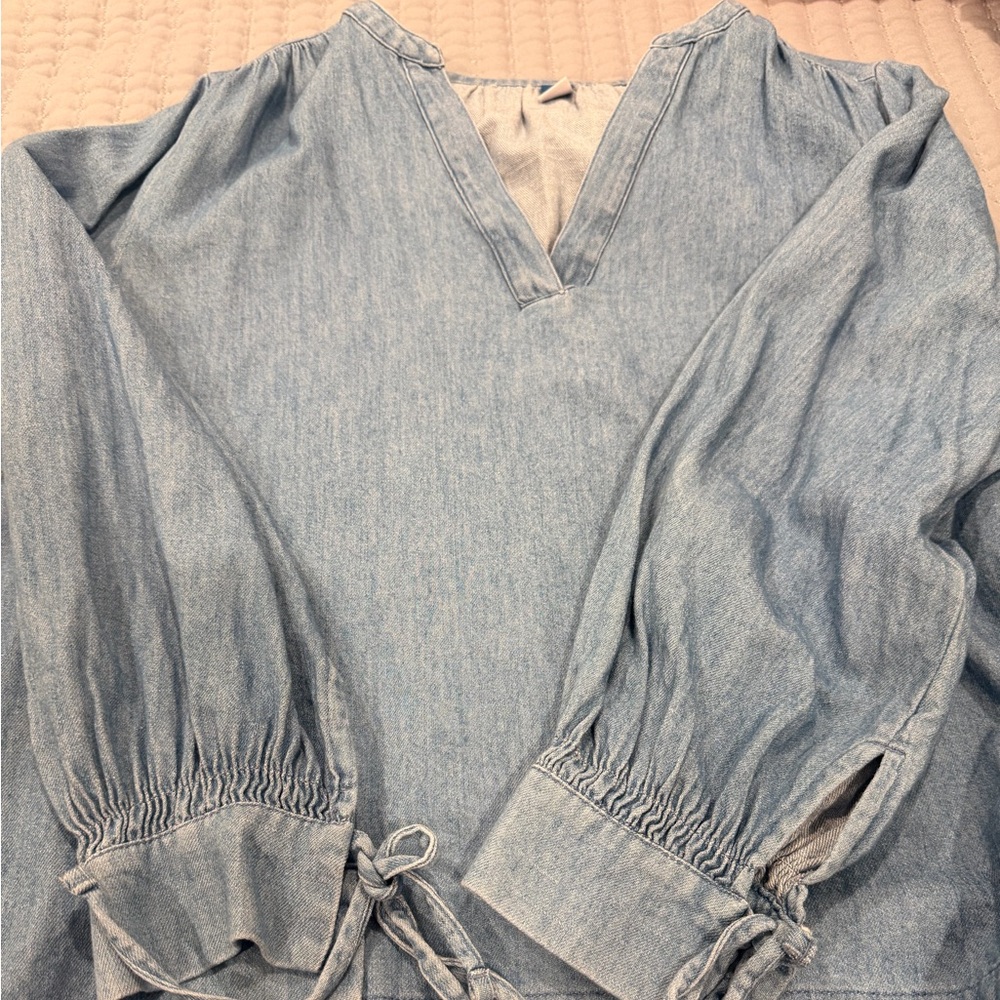 Old Navy Light Blue Denim Blouse with Tie Cuffs